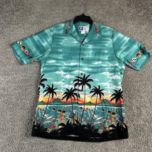 RJC Hawaiian Shirt Mens M Ocean Sunset Volcano Dolphins Palm Fish Made in USA - Picture 1 of 9